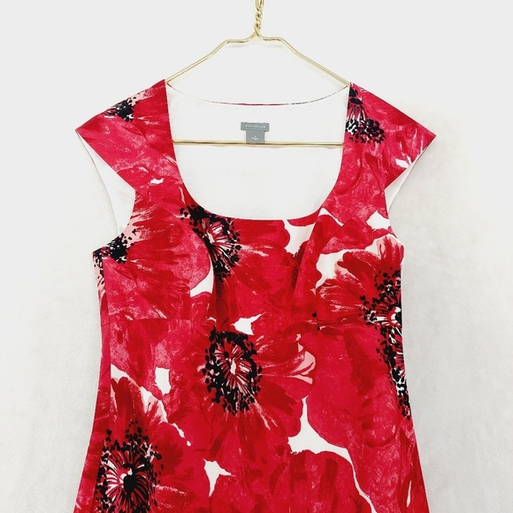 Ann Taylor Silk Floral Red/White Summer Scoop Neck Cap Sleeve Midi Dress P7117 - Picture 2 of 8